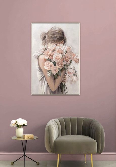 Roses Embrace Hand-Embellished Canvas In Frame - Blush / Ivory
