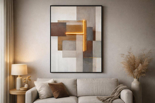 Luminous Grid II Hand-Embellished LED Canvas In Frame - Brown / Orange