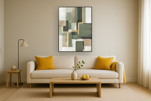 Luminous Grid I Hand-Embellished LED Canvas In Frame - Sage / Ivory
