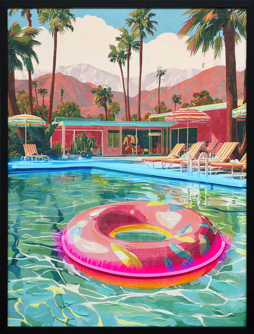 Poolside Escape Hand-Embellished LED Canvas In Frame - Green / Pink