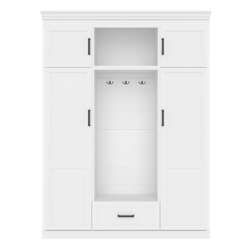 Hall Tree With Bench And 3 Hooks, Modern Entryway Storage Organizer Cabinet With 4 Doors, 1 Drawer And Adjustable Shelves