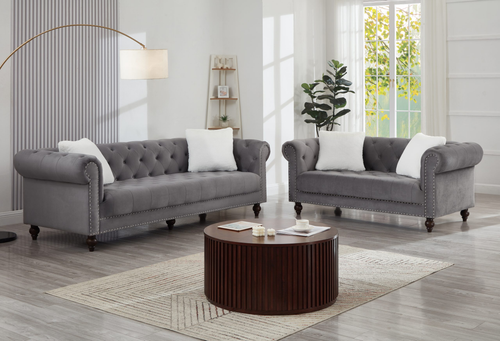Brooke Gray Velvet Chesterfield Living Room Set KF10001 by Xin Mark