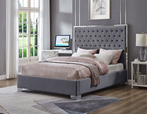 Kate King Gray Velvet Upholstered Platform Bed KF10021-K-GRAY by Xin Mark