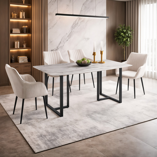 Tulsa 70.86″ Tempered Glass Faux Mable Finish Dining Table