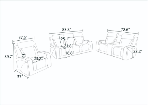Black Breathable Leather 3-Piece Living Room Functional Set