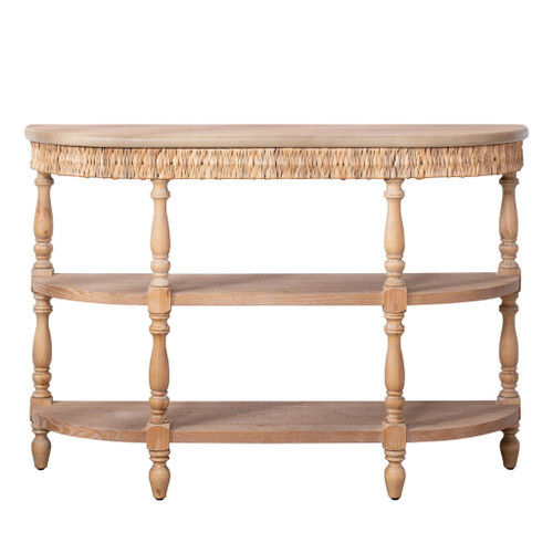 Handcrafted Console Table With Hand Woven Trim, 3 Tier Storage Shelves - Natural