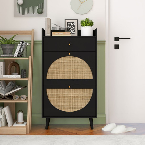Allen - Rattan 2 Door 1 Drawer Cabinet Shoe Rack For Entrance