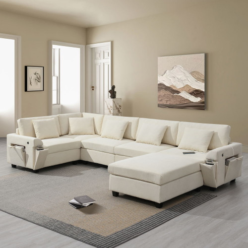 U Shaped Sectional Sofa 6 Seat Couch Set With Oversized Ottoman, Hidden Armrest Storage And Cup Holders USB Charging Ports Wide Seat Sofa