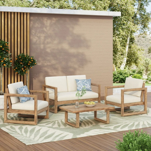 4 Pieces Acacia Wood Patio Furniture Set, Outdoor Furniture With Coffee Table, Patio Conversation Set Deep Seating With Soft Cushion, Porch Chairs For Backyard Porch Balcony - Brown Wash / Beige