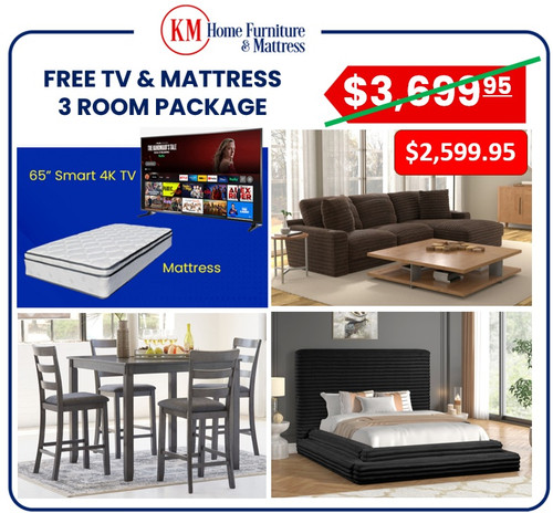 Corduroy Lux 3 Room Furniture Package — chocolate sectional, black platform bed, gray dining set, free TV and mattress