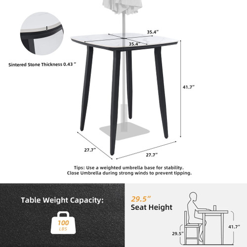 Outdoor Bar Table, Rounded Square Sintered Stone Top With Umbrella Hole, Rust Free Frame, Weatherproof - Ember Black / White