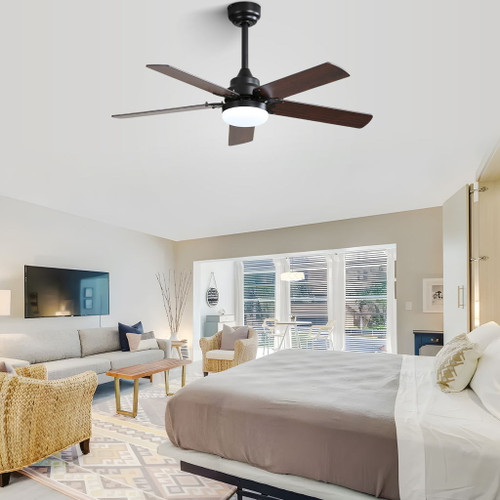 Low Profile Ceiling Fan With Reversible DC Motor, Remote Control, LED Light - Black