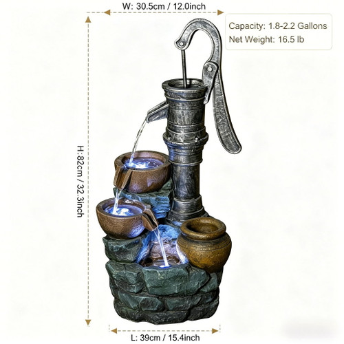 Hand Pump Water Fountain With LED Lights - Gray