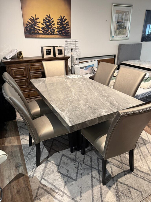 Artemis 7 Pcs Dining Set  Gray Marble Rectangular 6 Silver Chairs Table ON CLEARANCE SOLD AS IS