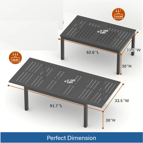 Extendable Outdoor Dining Table, All Weather, Slatted Top, Rust Proof - Gray