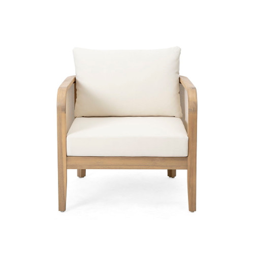 Outdoor Acacia Wood Patio Club Chair, Textilene Patio Furniture, Waterproof Thick Cushion Deep Seating For Porch, Garden, Backyard, Balcony, Weight Capacity 400Lbs, Light Teak - Beige