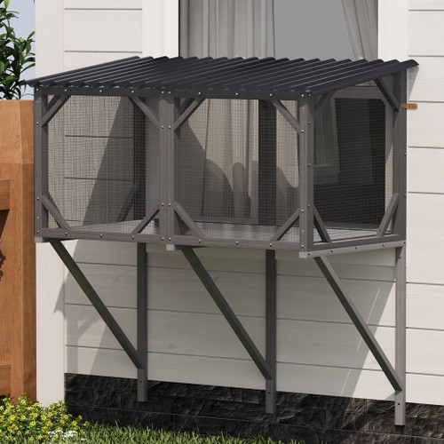 Premium Cat Window Box With Bug Proof Net For Large Indoor Cats Spruce Wood & Polyester - Antique Gray