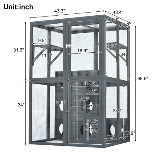 Outdoor Cat House With Shelves And Weather Protection, Removable Wood Boxes - Gray
