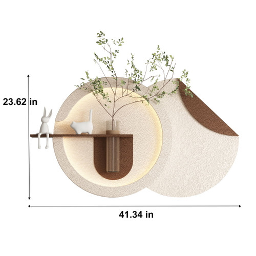Adjustable 3 Color LED Sandstone Double Disc Wall Art With Simulated Greenery, Vase & Rabbit Statue - Light Coffee