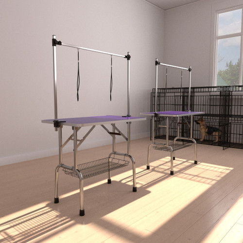 Folding Dog Pet Grooming Table Stainless Steel Frame Rubber Mat On Board With Adjustable Arm And Clamps Pet Dog Cat Grooming Table