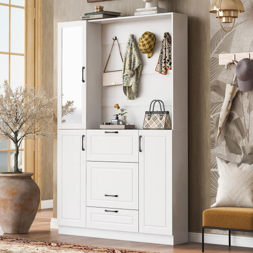 Entryway Bench With Integrated Shoe Cabinet, 3 In 1 Design And Mirrored Cabinet Door, Hall Tree With 4 Sturdy Hooks And Foldable Seat For Entrance, Living Room - White