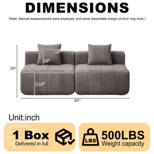 Modular Sectional Sofa With 2 Pillows, Symmetrical Design