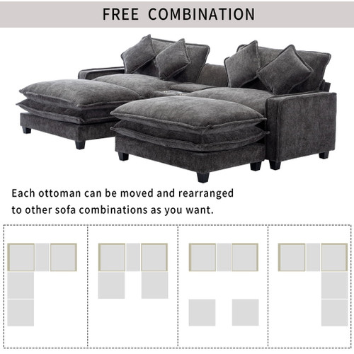Modern Sectional Sofa With Removable Ottomans, USB Ports