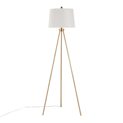Tripod - Metal Floor Lamp - Gold Metal, White Linen