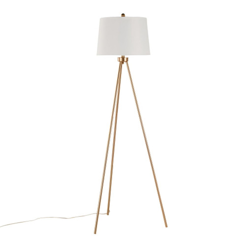 Tripod - Metal Floor Lamp - Gold Metal, White Linen