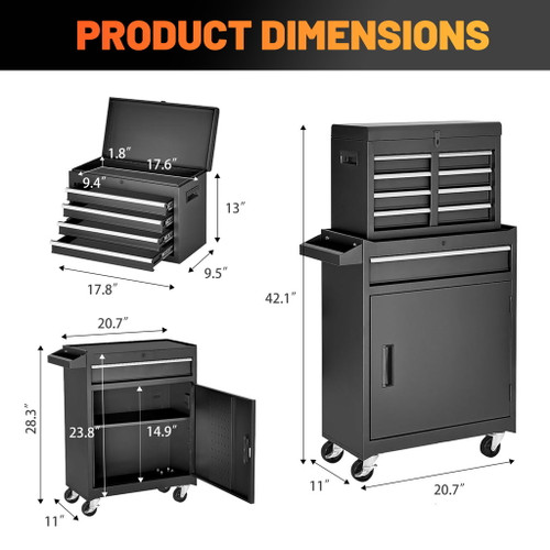 Tool Chest, 5 Drawer Rolling Tool Storage Cabinet With Detachable Top Tool Box, Liner, Universal Lockable Wheels, Adjustable Shelf, Locking Mechanism, Metal Tool Cart For Garage Workshop