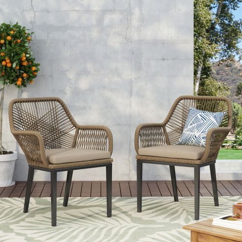 Modern Wicker Dining Club Chair With Water Resistant Cushions - Brown / Beige