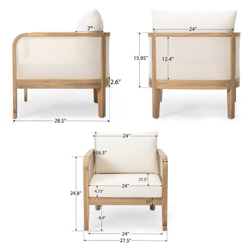Outdoor Acacia Wood Patio Club Chair, Textilene Patio Furniture, Waterproof Thick Cushion Deep Seating For Porch, Garden, Backyard, Balcony, Weight Capacity 400Lbs, Light Teak - Beige