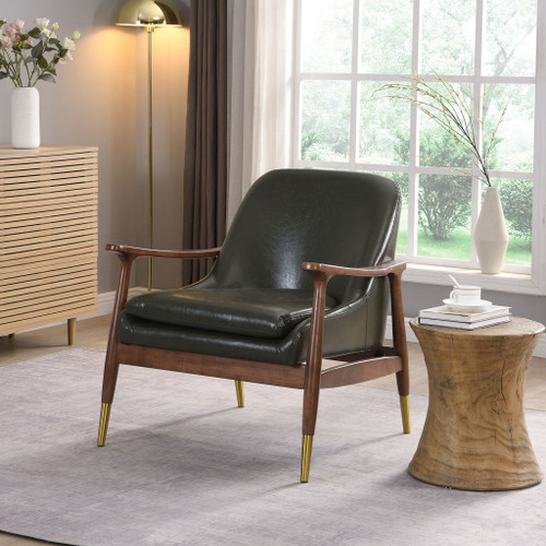 Mid - Century Accent Chair With Cushioned Seat, Brass Tipped Legs