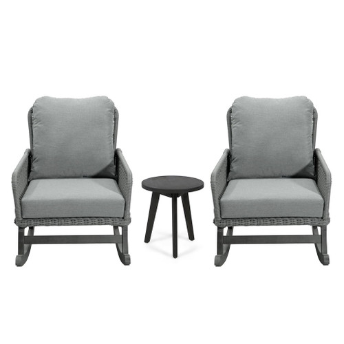 Modern 3 Piece Outdoor Seating Set With Cushioned Rattan Rocking Chairs And Wooden Accent Table
