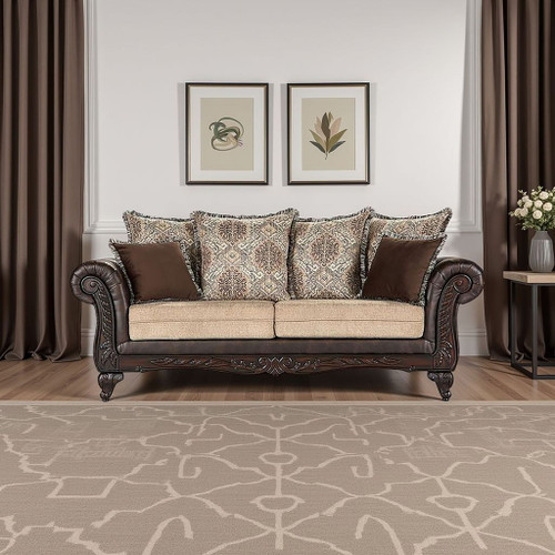 Brookridge - Rolled Arm Sofa With Ornate Details And Mixed Upholstery - Brown