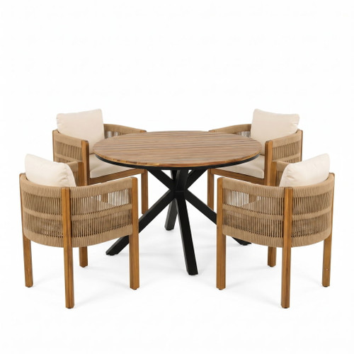 5 Piece Outdoor Dining Set With Round Table And 4 Wrapped Chairs - Black / Brown / Teak