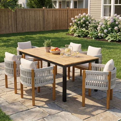 7 Piece Outdoor Dining Set With Table And Chairs - Beige / Teak / White