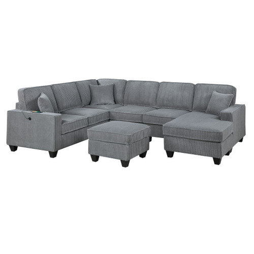 Left Arm Facing Loveseat With USB Port And Storage Sectional Set With Corner Wedge Armless Chair And Cocktail Ottoman - Fog