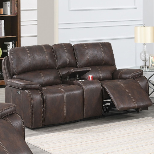 Power Reclining Loveseat With USB Port Leather Upholstered, Built In Cup Holder - Chocolate