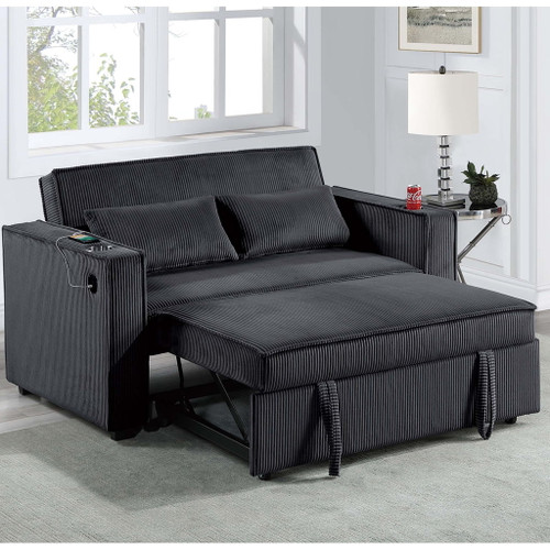 Modern Style Convertible Sofa With Pull-Out Bed, USB Ports & Cup Holders