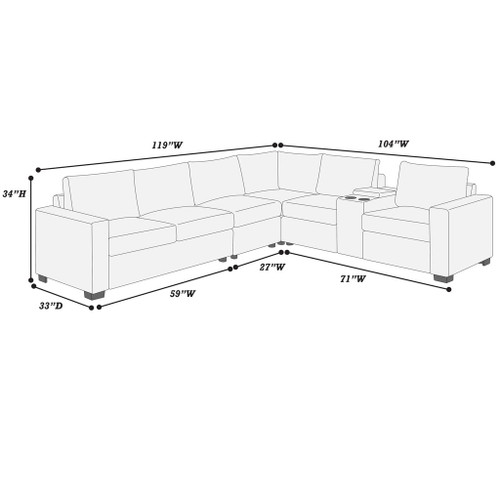 Modern Style L-Shape Sectional Set, USB Ports, Cup Holder