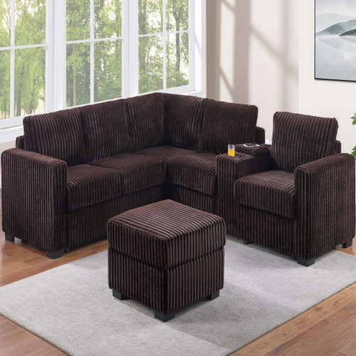 Contemporary L-Shaped Sectional Set With USB Console & Ottoman