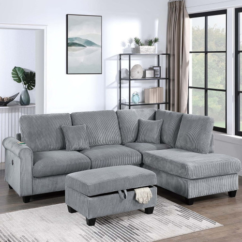 Contemporary Sectional Set With Right Arm Chaise, Left Arm Sofa With USB Port, Storage Ottoman