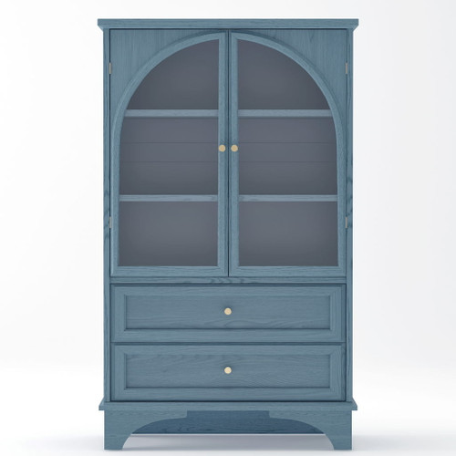 Glass Door Display Case With 2 Drawers And Adjustable Shelf