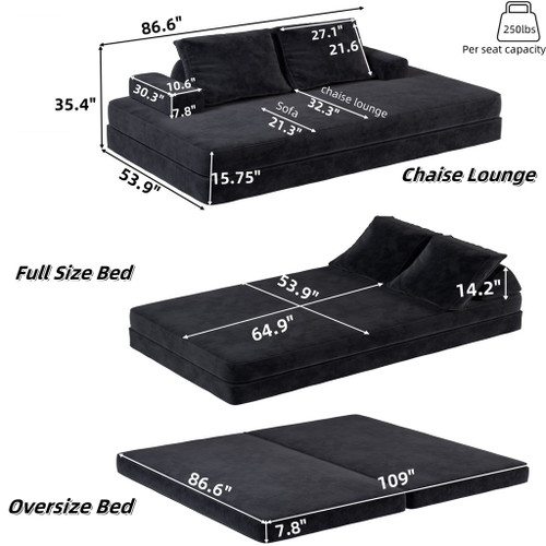 Multifunctional Convertible Sofa Bed With 2 Tumbler Backrests And 2 Pillows, Deep Seat Couch
