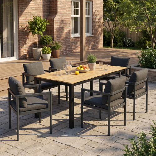 7 Piece Outdoor Dining Set With Table And 6 Chairs - Black / Gray / Teak