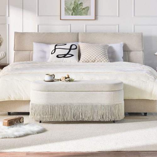 Oval Upholstered Storage Ottoman With Fringe Trim & Lift Top Lid