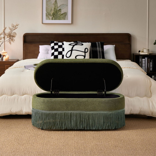 Oval Upholstered Storage Ottoman With Fringe Trim & Lift Top Lid