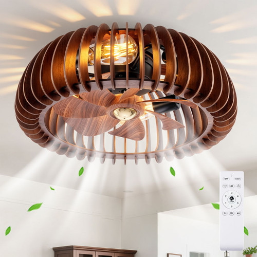 Semicircle Flush Mount Fan Light, (No Included Bulbs) And Remote Control, 6 Speeds, Quiet DC Motor For Living Room - Wood