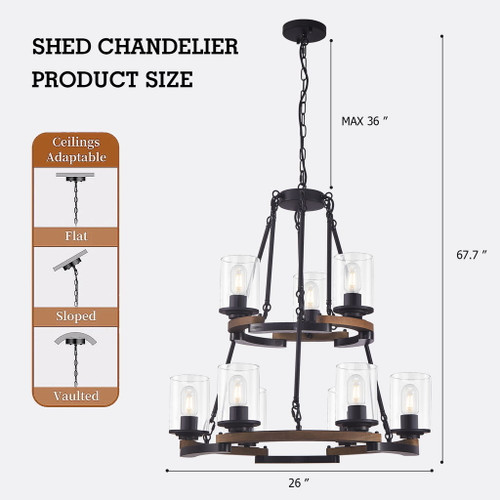 Wagon Wheel Chandelier, Ceiling Light With Adjustable Height - Black / Brown